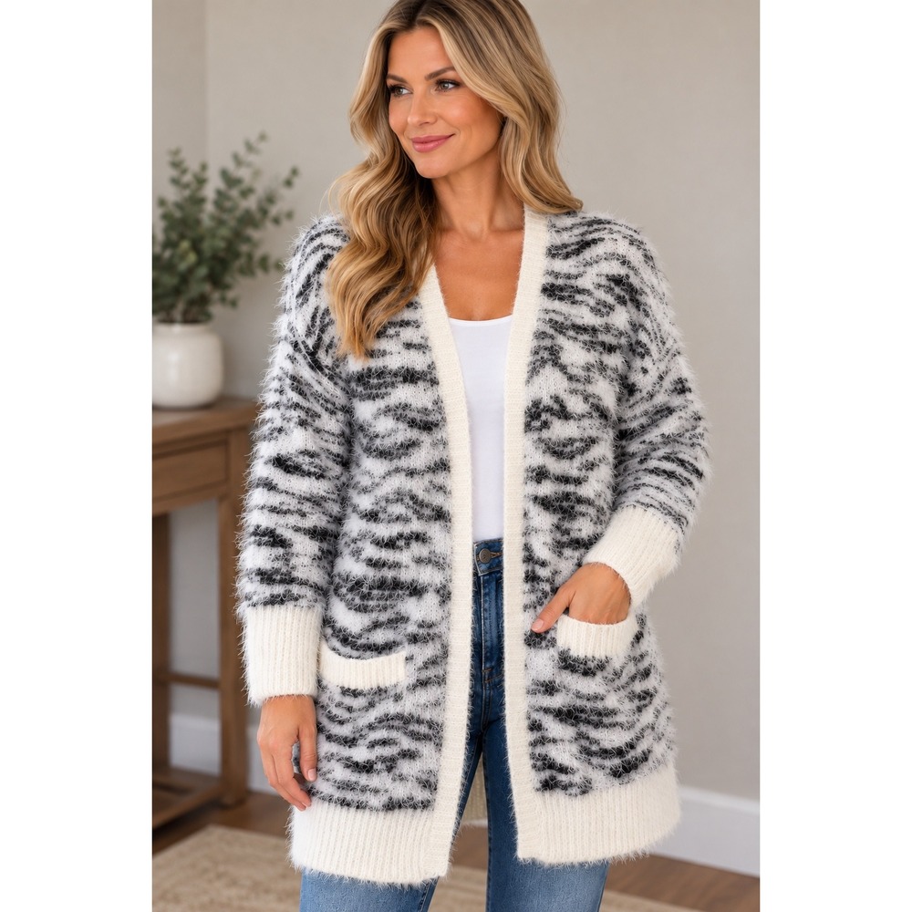 Mudd Womens XL Zebra Print Eyelash Fuzzy Knit Cardigan Open Front Long Sweater